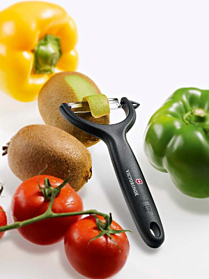 Нож для чистки томатов и киви VICTORINOX, двусторонее зубчатое лезвие, чёрная рукоять