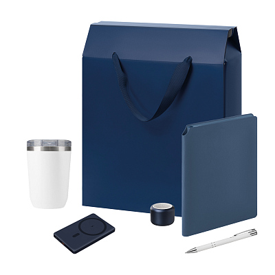 Подарочный набор Welcome Pack Premium  (термокружка, колонка, ежедневник, ручка, ЗУ, коробка-пакет) (Синий)