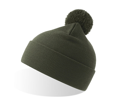Шапка вязаная  двойная Wind-S с помпоном (Оливковый)