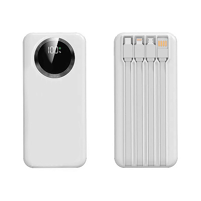 Зарядное устройство "Phantom" 10000 mAh с 4мя встроенными кабелями и цифровым индикатором заряда  (Белый)