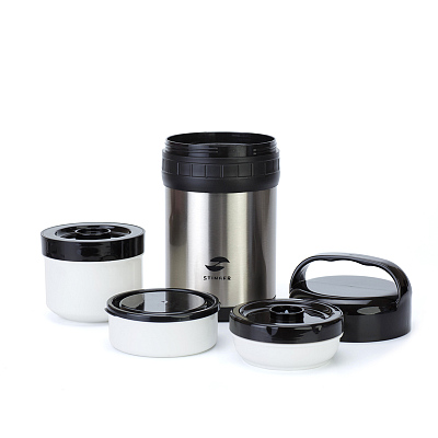 Термос ланч-бокс, Stinger, 1,5 л, широкий, сталь, серебристый, чёрные вставки, три контейнера