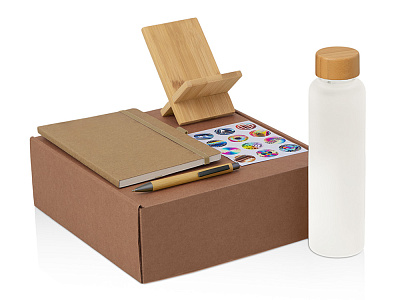 Набор Wooden с бутылкой, блокнотом, ручкой и подставкой для телефона  (Бежевый, темно-серый)