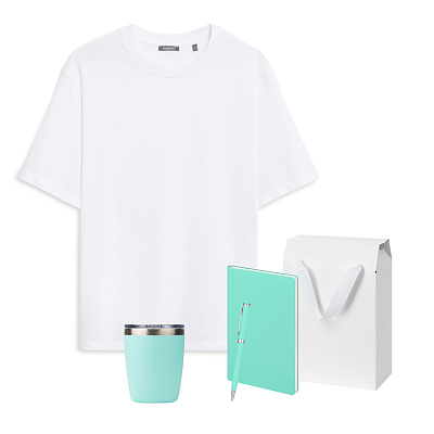Набор с одеждой RUST (футболка, термокружка, ежедневник, ручка), мятный/аква, 3XL/4XL (Белый, бирюзовый)