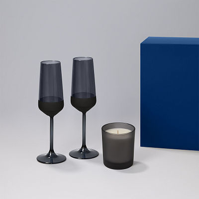 Подарочный набор свеча Enigma + 2 бокала для шампанского Black Edition в синей коробке (Черный, синий)