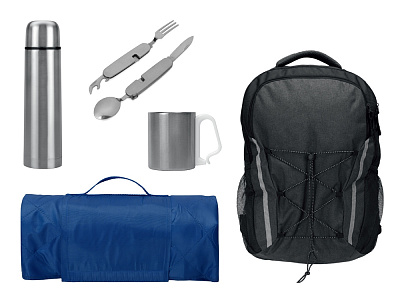 Набор туриста с термосом, кружкой, столовыми приборами и пледом (Синий, темно-серый)