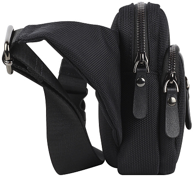 Сумка на пояс BUGATTI Nero, чёрная, нейлон 1680D/кожа, 20,5х6х15 см