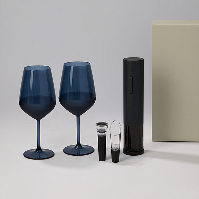 Подарочный набор 2 бокала для вина Sapphire + набор для вина с электрическим штопором Sacramento, в серой коробке (Синий, черный, серый)