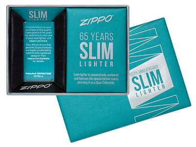 Зажигалка 65th Anniversary Zippo Slim® с покрытием Black Ice®, латунь/сталь, чёрная, 29x10x60 мм