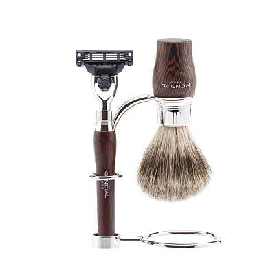 Бритвенный набор Mondial: станок MACH3, помазок, подставка; венге (Коричневый)