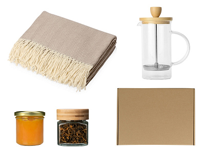 Подарочный набор с пледом, френчпрессом, чаем и вареньем (Бежевый)