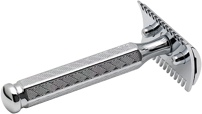 Cтанок Т-образный для бритья MERKUR 41C, глянцевое хромированное покрытие, открытый зубчатый гребень, короткая ручка, лезвие в комплекте (1 шт)