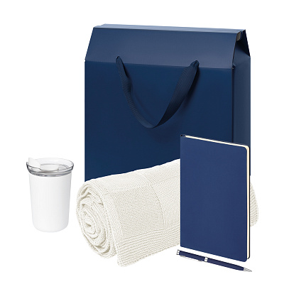 Подарочный набор Велком Пак Спарк (Welcome Pack Spark), синий (термокружка,ежедневник, ручка, плед, коробка-пакет) (Синий, белый)
