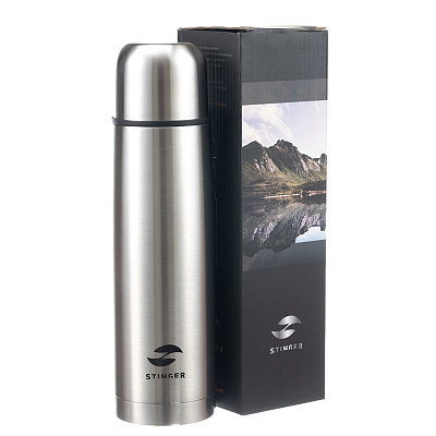 Термос Stinger с чехлом, 0,8 л, узкий, нержавеющая сталь, серебристый, 8,1 x 8,1 x 29,1 см