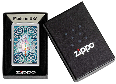 Зажигалка ZIPPO Lotus Flower с покрытием High Polish Chrome, латунь/сталь, серебристая, 38x13x57 мм