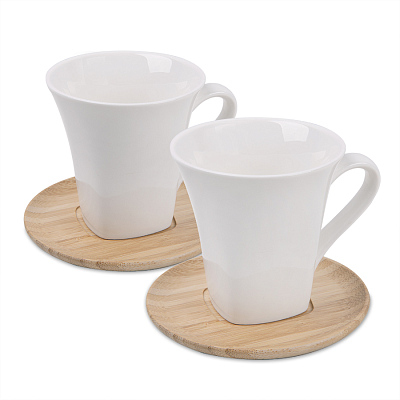 Чайные пары  "Натали" 2 штуки в упаковке, 19,5х19х9см, 200мл, фарфор, бамбук (Коричневый, белый)