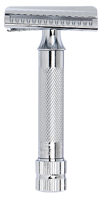 Станок Т-образный для бритья MERKUR 37С, глянцевое хромированное покрытие, косой срез, закрытый гребень, короткая ручка, лезвие в комплекте (1 шт)