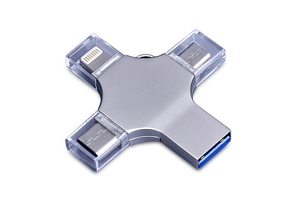 USB 3.0-флешка на 64 Гб 4-в-1 с разъемами Micro USB, Type-C и Lightning (Серебристый)