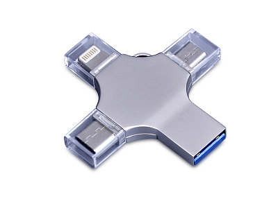 USB 3.0-флешка на 64 Гб 4-в-1 с разъемами Micro USB, Type-C и Lightning (Серебристый)