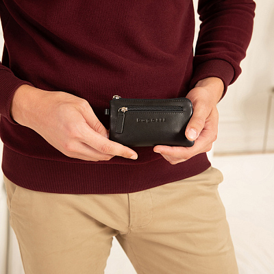 Ключница BUGATTI Primo, чёрная, натуральная воловья кожа, 12,5х0,5х7 см