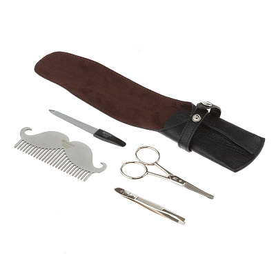 Мужской набор DEWAL для бороды, усов и ногтей серии "FOR MEN", 4пр. Футляр: натур.кожа, цвет черный