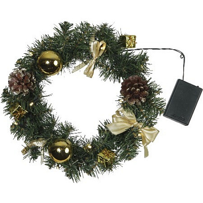 Венок еловый DECORAGE, диаметр 30 см, 10 LED ламп, на батарейках, зелёная хвоя, золотистые украшения (Зеленый/золотой)