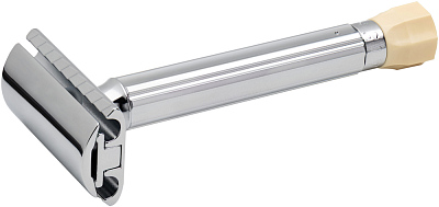 Станок Т-образный для бритья MERKUR 510C, глянцевое хромированное покрытие, прямой срез, закрытый гребень, длинная ручка, лезвие в комплекте (1 шт) (Серебристый)