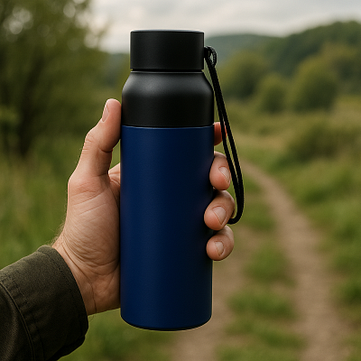 Термобутылка Button Black (черный с синим)