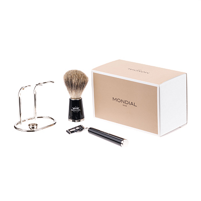 Бритвенный набор Mondial: станок, помазок, подставка; чёрная смола