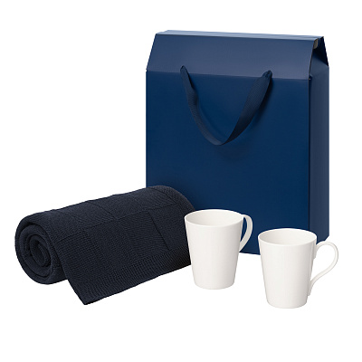 Подарочный набор Vesta, Cella, синий в коробке-пакете (две фарфоровых кружки, плед) (Синий, белый)