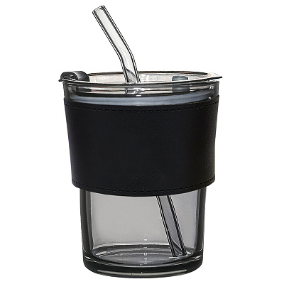Стакан стеклянный с трубочкой и капхолдером Karamel, черный (Чёрный)