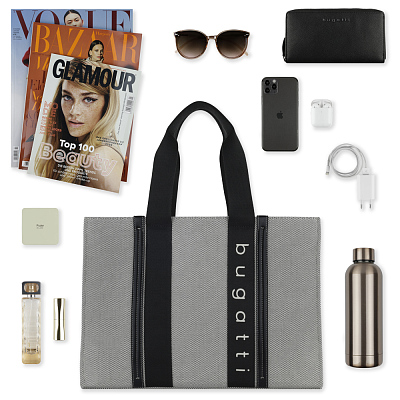 Сумка-тоут женская BUGATTI Ambra, серо-черный цвет, хлопок/полиэстер, 45х14х32 см