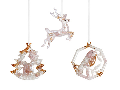 Набор елочных игрушек: Снегирь, Олень, Ель (Розовый кварц)