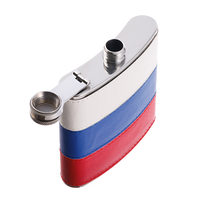 Фляга S.Quire 0,18 л, сталь+искусственная кожа, вставка бело-сине-красная