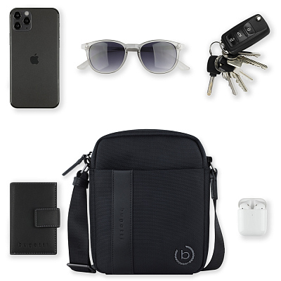 Сумка наплечная мужская BUGATTI Nero, чёрная, нейлон 1680D/кожа, 17х5х21 см