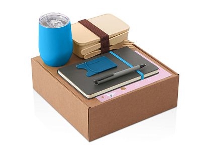 Набор Refreshment с термокружкой, блокнотом, ручкой и ланчбоксом (Синий, серый)