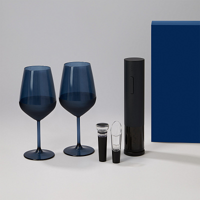 Подарочный набор 2 бокала для вина Sapphire + набор для вина с электрическим штопором Sacramento, в синей коробке (Синий, черный)