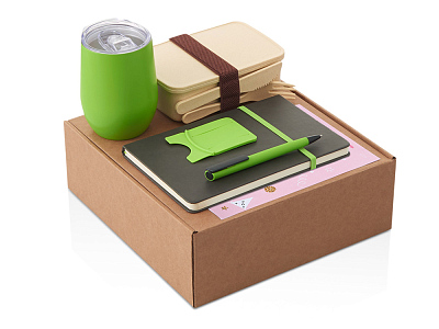 Набор Refreshment с термокружкой, блокнотом, ручкой и ланчбоксом (Зеленое яблоко, бежевый, серый)