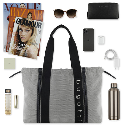 Сумка-шоппер женская BUGATTI Ambra, серо-черный цвет, хлопок/полиэстер, 45х10х34 см