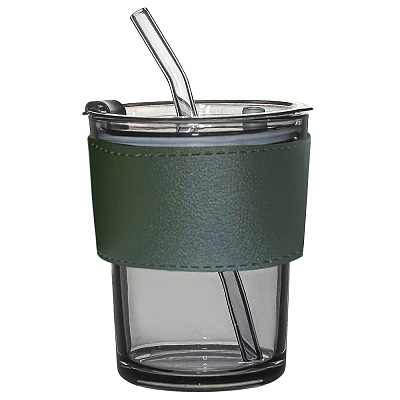 Стакан стеклянный с трубочкой и капхолдером Karamel, зелёный (Зеленый)