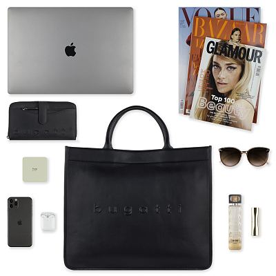 Сумка-тоут женская BUGATTI Daphne, чёрный цвет, воловья кожа/полиэстер, 41х15х34,5 см