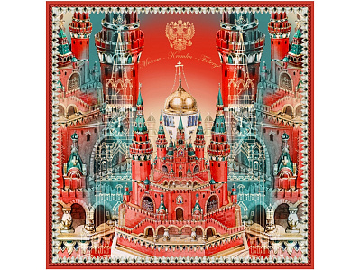 Платок Кремль - Москва - Фаберже (Красный)