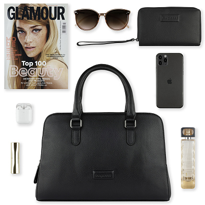 Сумка женская BUGATTI Elsa, чёрная, воловья кожа/полиэстер, 32х13х22 см