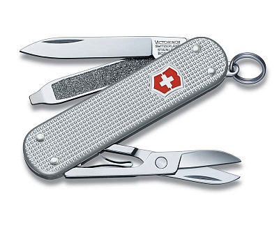 Нож-брелок VICTORINOX Classic Alox, 58 мм, 5 функций, алюминиевая рукоять  (Серебристый)