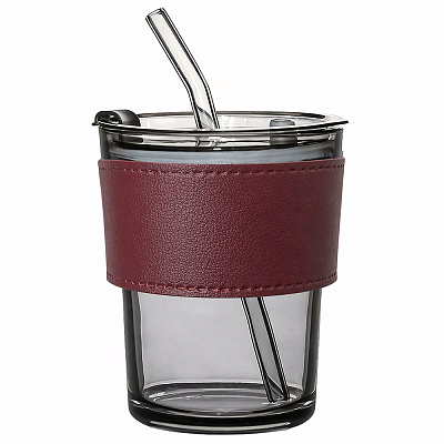 Стакан стеклянный с трубочкой и капхолдером Karamel  (Бордовый.)