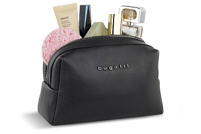 Косметичка BUGATTI Bella, чёрная, воловья кожа/полиэстер, 19х8,5х11 см