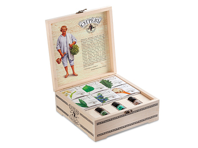 Подарочный набор с чаем и эфирными маслами История пара и самовара в деревянной шкатулке (Крафт/многоцвет)