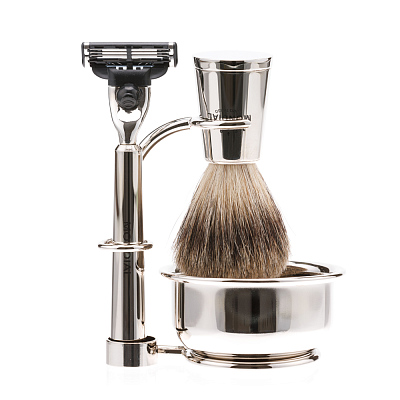 Бритвенный набор Mondial: станок, помазок, чаша, подставка; отполированный никель (Серебристый)
