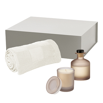 Подарочный набор Mizu, Cella, бежевый (свеча, диффузор, плед) (Бежевый, серый)