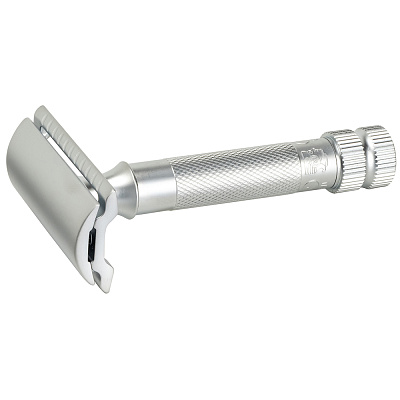 Cтанок Т-образный для бритья MERKUR 34C, матовое хромированное покрытие, прямой срез, закрытый гребень, короткая ручка, лезвие в комплекте (1 шт) (Серебристый)