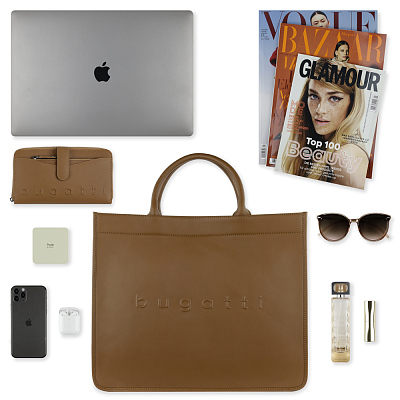 Сумка-тоут женская BUGATTI Daphne, коньячный цвет, воловья кожа/полиэстер, 41х15х34,5 см